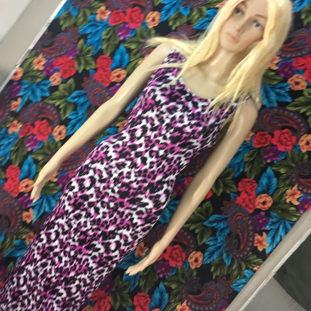 NEW Women’s Purple CHEETAH LEOPARD MAXI DRESS BODY CON FIT LONG Size SMALL